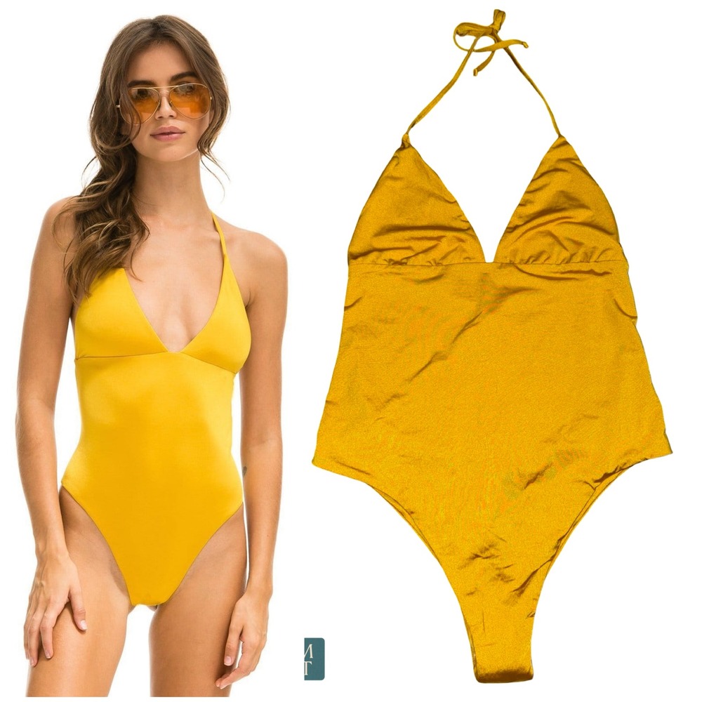 NEW Aviator Nation Triangle One Piece Swimsuit Summer Reggae Gold Yellow Small